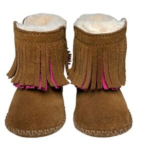 UGG Boots 2/3 infant Chestnut Pink Fringe Suede Sheepskin Booties branyn